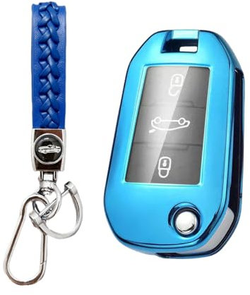 MEDZUK Coque Clé Compatible avec Peugeot 208 2020-2024 2025 Coque de Protection pour clé de Voiture TPU, Accessoire Étui pour Clés avec Porte-clés (Bleu)