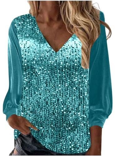 RIKAY Women Shimmer Sequin Sparkly Festival Party Shirt and Blouse Womens Long Sleeve V Neck Shining Glitter Top Tee Shirts Pullover UK Plus Size 8 22 Sky Blue