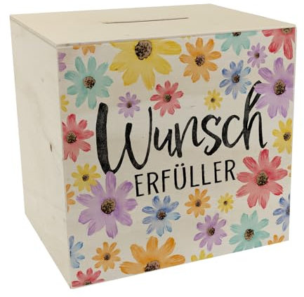 Blumen Spardose aus Holz mit Spruch Wunscherfüller Bunt Floral Positiver Freudebringer Geburtstag Wunsch-Erfüller