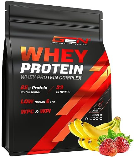 Whey Protein Complex - 1000 g (Fraise et banane) - Avec part d'isolat - Poudre de protéine soluble instantanée avec BCAA & EAA - German Elite Nutrition