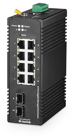 MokerLink Switch Ethernet Gigabit PoE Industrial DIN-Rail a 8 porte, gestito, 2 porte SFP, IEEE802.af/at 96W PoE+ Power, Web L2+ Managed IP40 Switch, con alimentatore di rete