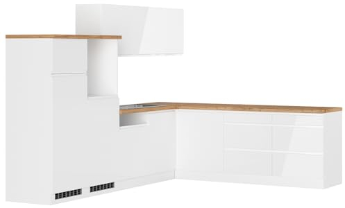 Lomadox Küche Küchenzeile Winkelküche 300/240cm in Hochglanz weiß, Arbeitsplatte Eiche