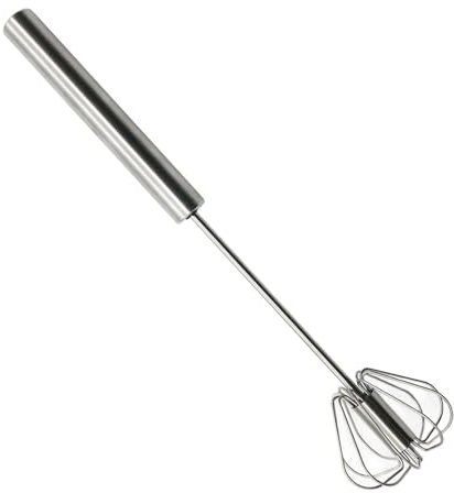 Stainless Steel Egg Beater, Rotating Mixer Stirrer - Milk Frother, Spring Action Push Down Pump Whisk for Whisking, Beating, Stirring