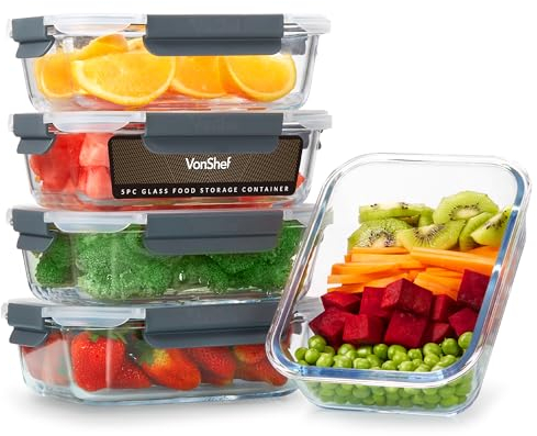 VonShef Glass Containers with Lids - 5 Piece Meal Prep Food Lunch Boxes 1L Capacity, Oven and Dishwasher Safe, Airtight Leakproof Seal Great for Batch Cooking