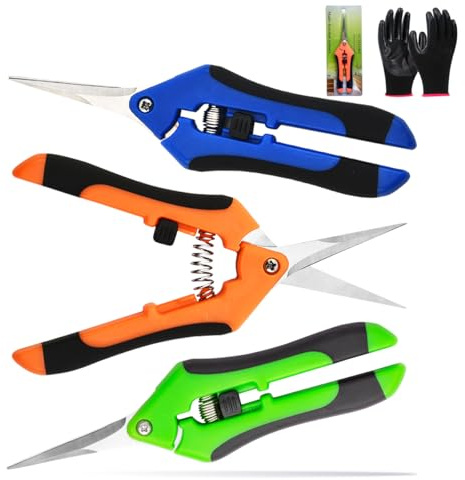 3pcs Gartenschere Klein, XingyLi Professionell Baumschere Ernteschere mit Handschuhen, Rostfreier Stahl Astschere Bonsai Schere Feststellgriff Trimmschere für Pflanzen Blumen Ernte Garten Gemüse Obst