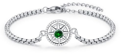 OHAYOO Damen Armband Silber 925 Kompass Geburtsstein Mai Smaragd Armband Schmuck für Damen Herren Mädchen Teenager Geschenke