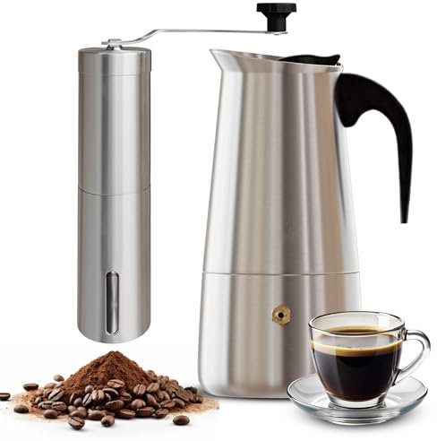 Cafetera Italiana acero inoxidable - cafetera italiana 9 tazas(450 ml) + molinillo de cafe manual - Cafetera Italiana de inducción - cafetera italiana - Compatible con gas, vitrocerámica e inducción.