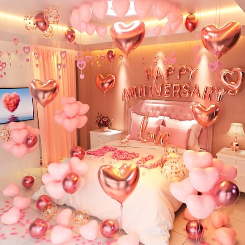 Anniversary Decorations Pink,Valentines Day Decorations,Happy Anniversary Banner Pink Heart Balloons Hanging String Rose Petals