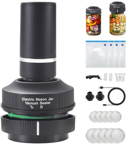 Mason Jar Vacuum Sealer Kit - WEIYII Electric Jar Vacuum Sealer for Mason Jars, Wide Mouth and Regular Mouth Mason Jars, Portable Jar Vacuum Sealer with 4 Vacuum Bags