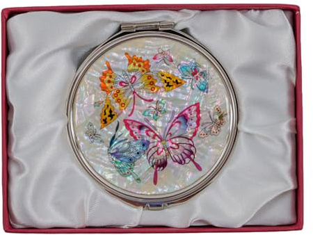 February Mountain Elegant Butterfly and Floral Mother of Pearl Compact Mirror, Dual Magnification (1X & 2.5X) – Lightweight Travel Makeup Mirror in Gift Box (Butterfly-White)