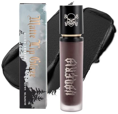 vaneria Flüssigkeit Matt schwarzer Lippenstift Matte Lip Gloss,Weihnachtstag Schwarz Glitzer Lippenstift,Feuchthaltender lila lippenstift,Ideal für Partys und einen Gothic-Look.(0.28 Oz,Schwarz)