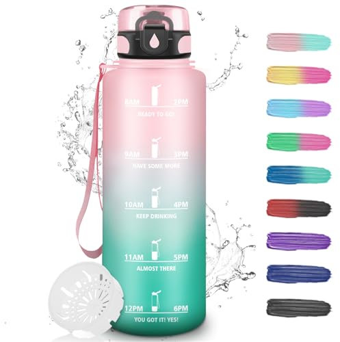 Gourde Graduée 1,5l, Gourde Sport anti Fuite, Facile à Nettoyer, Gourde Motivation avec Marqueur de Temps, Bouteille d'eau avec Marqueur de Temps, Gourde Plastique pour Running, Vélo, Sport, Bleu-Vert