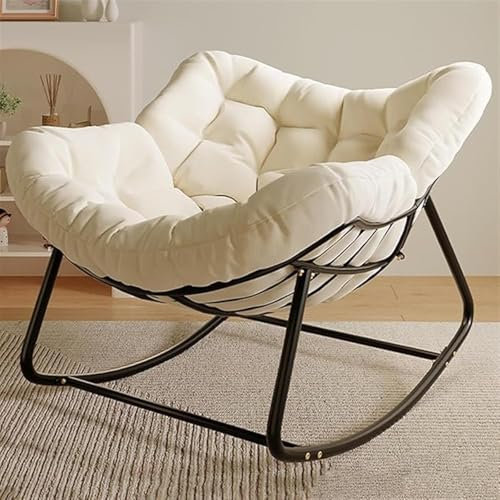 Bequemer Relax-Schaukelstuhl für drinnen und draußen, Terrasse, Schaukelstuhl, gebogener Balkon, Schaukelstuhl für den Außenbereich, Metallstruktur und Dicke Kissen, gebrochenes Weiß, Einhei