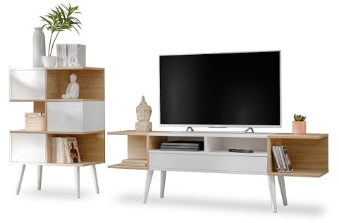 Komodee Forio Möbelset Wohnwand TV, Weiß Eiche, 230x35x102 cm, TV-Schrank & Regal, für Wohnzimmer, Esszimmer und Schlafzimmer