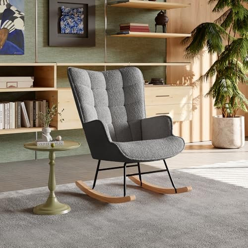 PerGar Stillstuhl Schaukelstuhl Sessel, Teddystoff Gepolsterter Stillsessel Relaxstuhl, Rückenlehne Sessel, Bequemer Lesesessel für Schlafzimmer, Wohnzimmer, Dunkelgrau