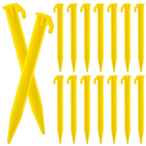 16 Pack Heavy Duty Yellow Plastic Tent Stakes with Spike Hooks, Durable ABS Plastic Screw-in Spiral Pegs, Reusable, Rustproof, Windproof Anchors for Camping, Beach, Garden Lawn Tarp & Outdoor Decor