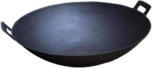 WOTZOV Wok Professionnel antiadhésif en Fer - Sauteuse épaisse à l'ancienne avec poignées Larges, adaptée à la Cuisson au gaz，38cm