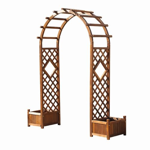 Garden Arch Pergola with Integrated Planters, Wooden Rose Arch with Side Flower Pots, Climbing Plant Trellis - 237cm Height Outdoor Decor for Garden