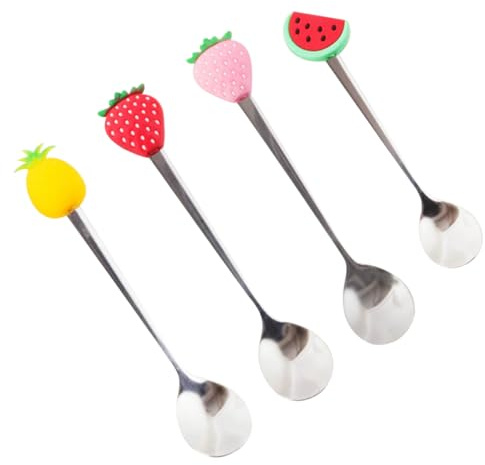 WEKADRIN 4 Stück Teiliges Bunte Edelstahl Obstlöffel mit Cartoon motiven Praktische Rührlöffel zum Mischen von Kaffee und Desserts Spülmaschinenfest und Rostfrei für Kaffee Eis und