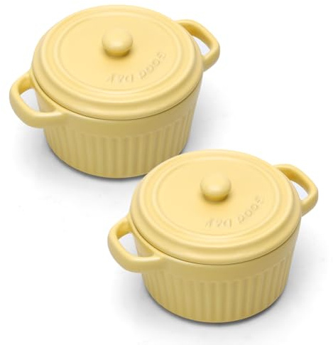 Mini cocotte con tapa, Cacerola Fuente para horno de cerámica con 2 asas, Moldes redondos con tapa para soufflé, lasaña, crème brûlée, postres, aptos para microondas y horno (Amarillo, S-250ml-2pc)