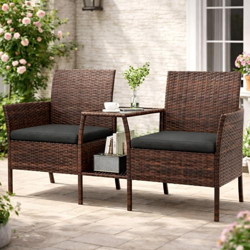 UDPATIO Gartenbank Wetterfest 2-Sitzer mit Integriertem Tisch, Polyrattan Sitzbank mit Stauraum, BalkonBank Sitzgruppe Outdoor Gatten, Braun