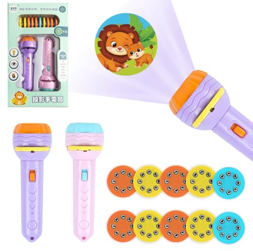 80 Images Projector Torch Toy, Early Learning Toy for Toddlers Boys Girls Projector Toys with 10 discs Animals Fruits Vehicles Numbers Educational Toys Gift for Baby Toddler- Pink and Purple