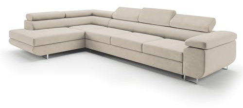 Ecksofa mit Schlaffunktion PASTI XL L-Form, Sofa Couch mit Bettkasten, Couch Eckcouch, Schlafsofa für Wohnzimmer Couch mit Schlaffunktion (Pet Friendly Edition Creme-Beige, Ottomane Links)