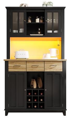 Küchenbuffet 106 x 40 x 179.5 cm,Küchenschrank Sideboard mit 3 Schublade Flaschenregal,Kitchen Cabinet mit 2 Lagerschränken /11 Ablagefächer, Kommode Buffetschrank für Küche & Wohnzimmer,schwarz