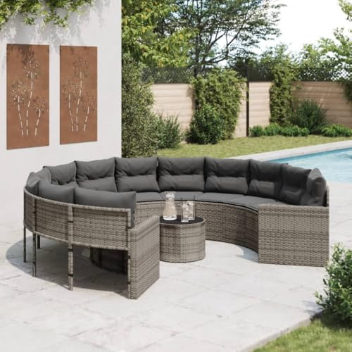 Mimdixy Gartensofa Sitzgruppe Ecksofa Couch,Gartensofa mit Tisch und Kissen Rund Grau Poly Rattan,Couch Für Garten,Terrasse Und Balkon,Leichte Montage