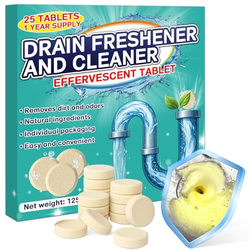 Drain Cleaner for Bad Smells, Sink Deodorizer 25 Tablets for Kitchen, Bathroom, Shower and Garbage Disposal, Eliminates Bad Odors, Grease and Grime, Fresh Scent, Safe for Pipes and Septic Tanks