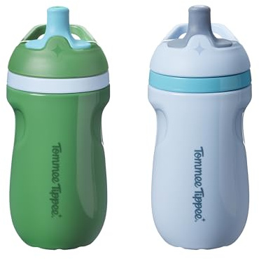 Tommee Tippee Insulated Sporty Spout Non-Spill Toddler Cup 12m+ | Pack of 2, 266ml, Blue & Green, Easy-Hold Handles for Little Hands