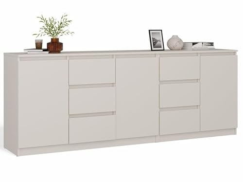 BDW Costa - Meuble de Rangement Moderne - Commode 3 Portes et 6 Tiroirs sans Poignées - pour Salon, Chambre ou Chambre d’Enfant - 200x40x75cm Cachemire