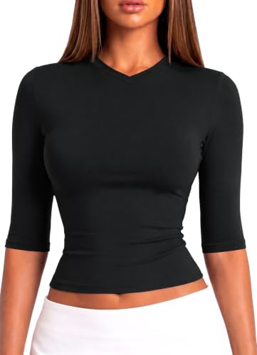 HAWILAND Women High V Neck 3/4 Sleeve Crop Top Ladies Quarter Length Sleeve Layering Fitted Tee Shirt Black Small