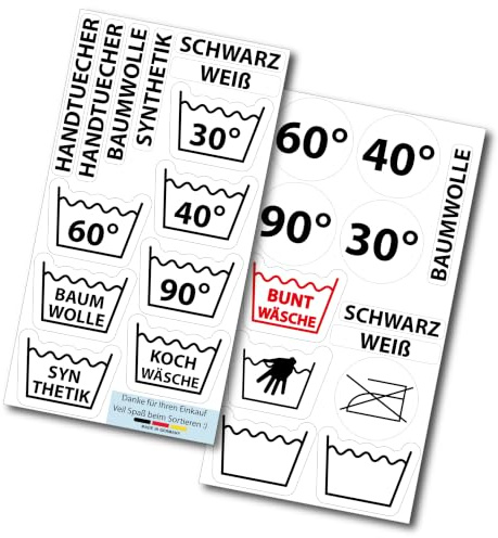 TF Skins Wäsche Aufkleber Set – Wäschesortierung für Haushalt und Waschküche – 25 transparente Etiketten selbstklebend/wasserfest Schwarz 40 mm PVC Folie