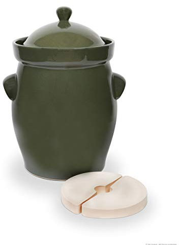 Bunzlauer Keramik Ceramic Crock Pots/Insert/Sauerkraut pot 20 Litre Olive Green Includes weighting Stone Pan and Lid