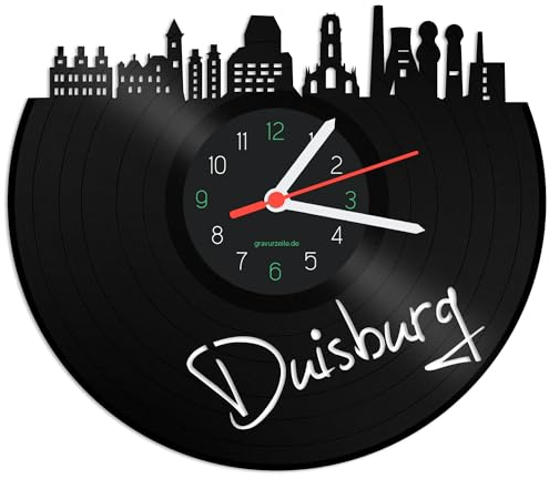 GRAVURZEILE Schallplattenuhr - Skyline Duisburg - Wanduhr aus gegossenem Vinyl mit Stadt Skyline - 30 cm - Upcycling Designer Uhr - Moderne Wanduhr im Retro Vintage Style - Made in Germany