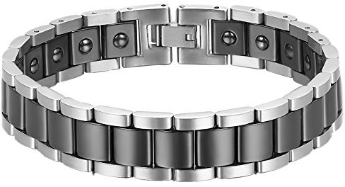 Cupimatch Herren Magnet Edelstahl Keramik Armband, 13mm breite Rechteck Link Handgelenk Magnetarmband Armreif, schwarz silber