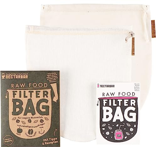 NECTARBAR Nussmilchbeutel Set Leinen & Baumwolle – für Haferdrink & Nussmilch geeignet – Nut Milk Bag – Filterbeutel waschbar – mit Kordelzug – plastikfrei – Made in Germany