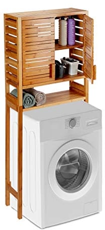 Relaxdays Waschmaschinenschrank Bambus, stehend, Lamellen-Türen, 3 Ablagen, WC Überbauschrank, HBT 164 x 66 x 26 cm, natur, Standard