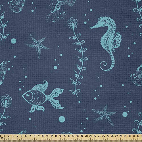 ABAKUHAUS Unterwasser- Stoff als Meterware, Goldfish Seahorse, Microfaser Stoff für Dekoratives Basteln, 1M (230x100cm), Blass Azur blau und Nachtblau