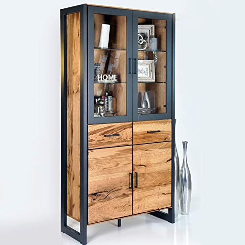 DK-Wohnen Vitrine Standvitrine Alteiche Furniert Metall Graphitgrau B97,5xH198,5xT40cm ELFO Janne 2273