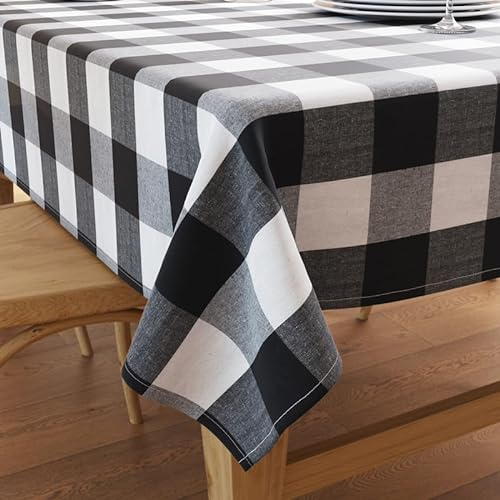 Encasa XO Baumwoll Rechteckig Tischdecke | (140x240 cm) | Buffalo Black Checks | Tischdecke für Dekoration