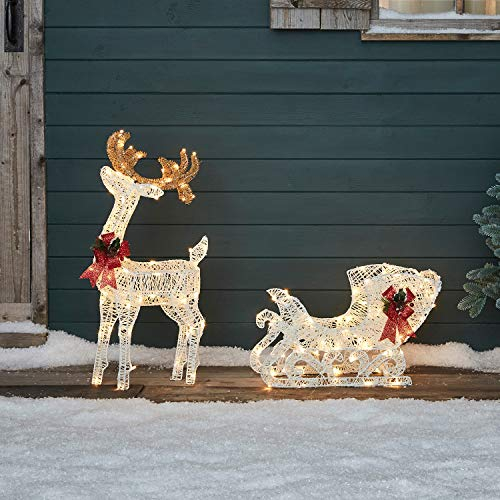 Lights4fun 70cm LED Rentier mit Schlitten warmweiß strombetrieben Timer Weihnachtsbeleuchtung für außen und innen Weihnachtsfigur Weihnachtsdeko Außen