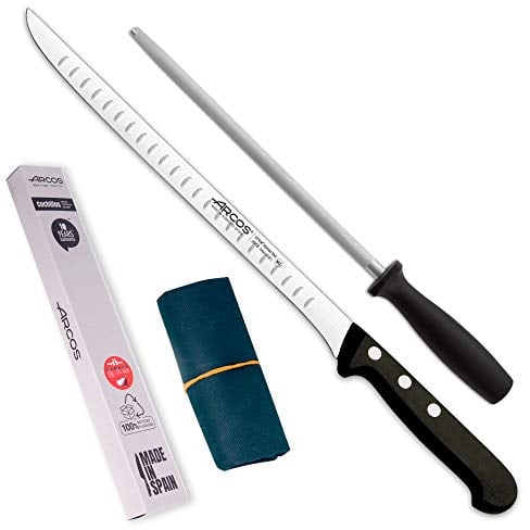Arcos | Juego Cuchillo Jamonero 3 Pzas | jamonero Acero Inoxidable (240 mm), afilador Chaira y Cubre jamón | Juego Cuchillos jamonero Profesional | Paleta ibérica | Eco