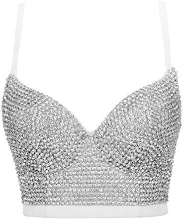 Woboren Corsetto da donna con reggiseno,Top corto con bustino di strass (# 1 Blanco, XS)