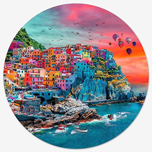 Shadzi Jigsaw Puzzles 1000 Pieces for Adults and Kids, Cinque Terre Cool Sunset and Beach Scene Creative Round Jigsaw Puzzles, Unique Challenge Games (26.57 inch)