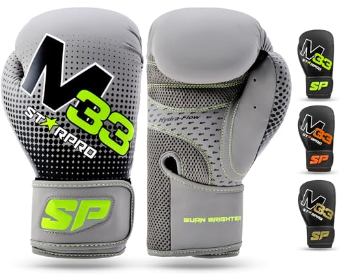 Gants de Boxe en Cuir PU Synthétique Mat pour la Formation Professionnelle en Muay Thaï Kickboxing Fitness et Boxercise au Sac de Boxe - Hommes et Femmes - Noir et Vert (Gris Mat/Vert Fluo, 8oz)