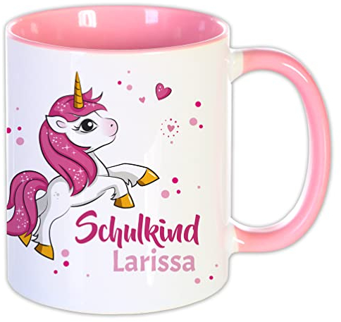 Unikatolo Tasse Schulkind mit Name personalisiert Geschenk Schulanfang Namenstasse Schulstart Kinder Schultüte Erste Klasse Mädchen Einschulung Zuckertüte Kleinigkeit Mitbringsel (Einhorn pink)