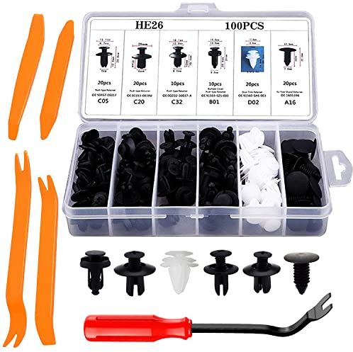 Clips Voiture 100 Pièces Rivet Clips Plastique Fixation Noir Universel pour Auto Voitures Panneaux Garnitures de portières avec Boîtier de Rangement et Outil Démontage Installation