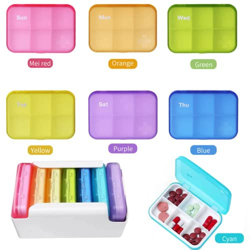Lot de 7 piluliers 6 fois par jour, organiseur de médicaments portable 7 jours 42 compartiments avec étui à pilules anti-humidité, conteneur de voyage pour vitamines, compléments de couleur
